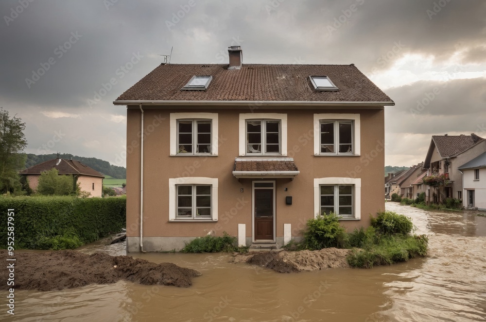 Flooded house in small town after storm Flooded house in small town after storm