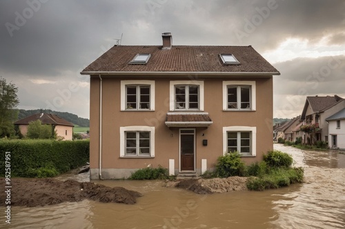 Flooded house in small town after storm