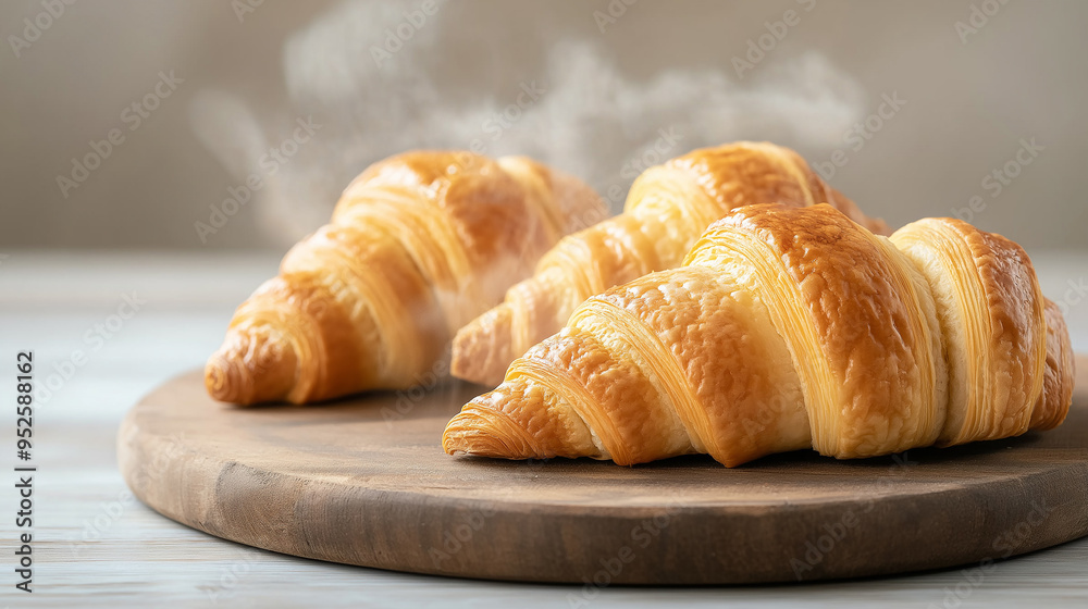 Freshly Baked Golden Croissants on Wooden Cutting Board with Steam Rising Freshly Baked Golden Croissants on Wooden Cutting Board with Steam Rising