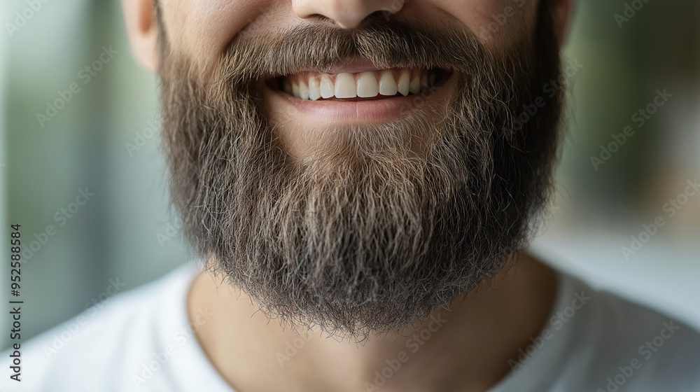 Obraz premium Closeup of a smiling bearded man showcasing healthy teeth and well groomed facial hair