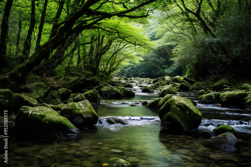 Serene Forest River with Moss Covered Rocks