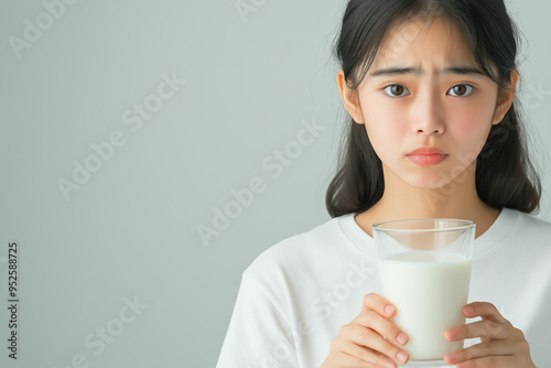 Concerned young Asian woman holding a glass of milk against a neutral background