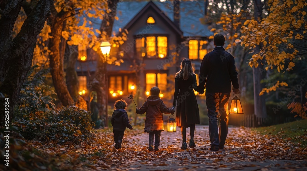 A rear view of a family trick-or-treating, walking down a leaf-covered sidewalk, the parents holding lanterns, children eagerly approaching a spooky house with glowing windows A rear view of a family trick-or-treating, walking down a leaf-covered sidewalk, the parents holding lanterns, children eagerly approaching a spooky house with glowing windows