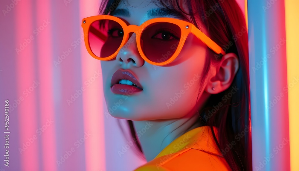photoshoot of an elegant a Asian woman wearing sunglasses and stylish , standing in front of colorful abstract shapes photoshoot of an elegant a Asian woman wearing sunglasses and stylish , standing in front of colorful abstract shapes