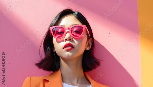 photoshoot of an elegant a Asian woman wearing sunglasses and stylish , standing in front of colorful abstract shapes