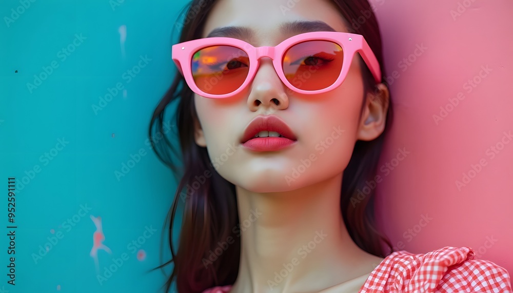 photoshoot of an elegant a Asian woman wearing sunglasses and stylish , standing in front of colorful abstract shapes photoshoot of an elegant a Asian woman wearing sunglasses and stylish , standing in front of colorful abstract shapes