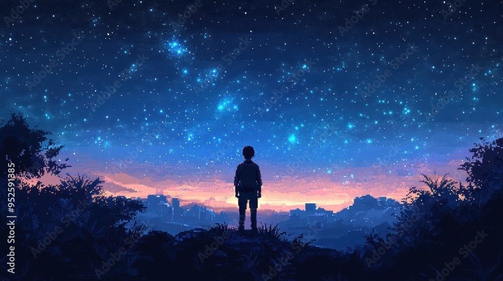 Retro Pixelated Explorer Gazing at Stars with Modern Twist Copy Space Retro Pixelated Explorer Gazing at Stars with Modern Twist Copy Space