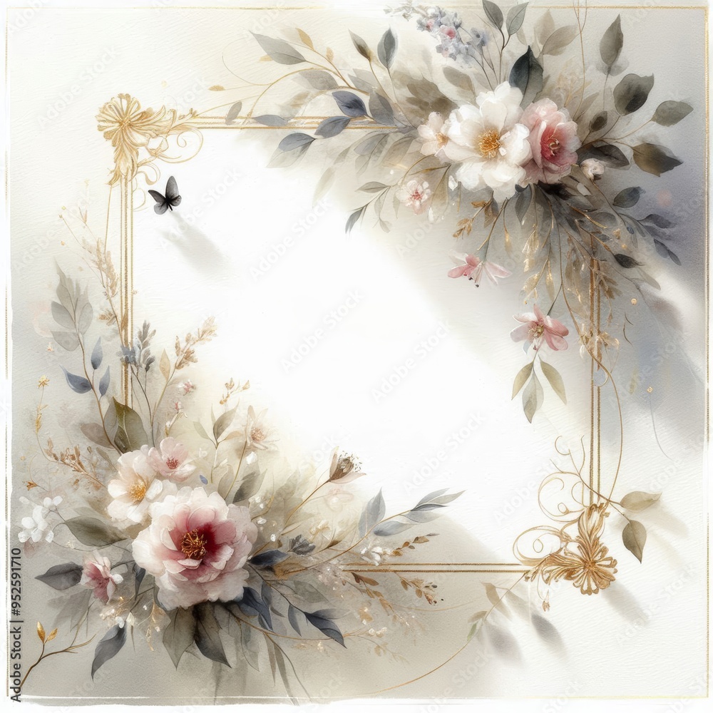Delicate floral frame design featuring soft hues and elegant gold accents. Delicate floral frame design featuring soft hues and elegant gold accents.
