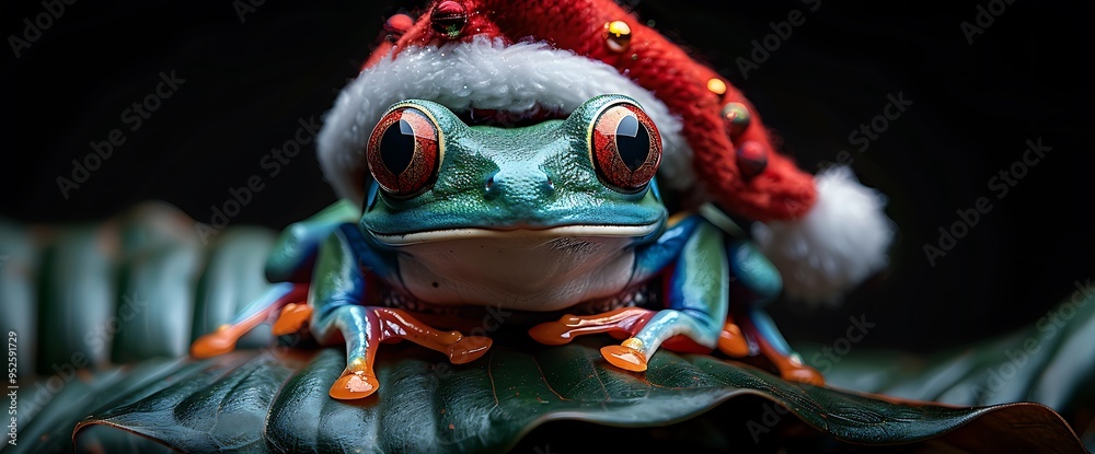 Fototapeta premium A green tree frog wearing a Santa hat sits on a leaf.
