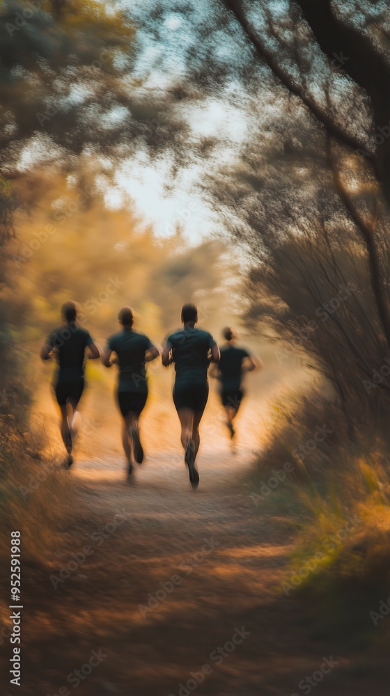 Fototapeta premium Group of people running on a nature trail, defocused