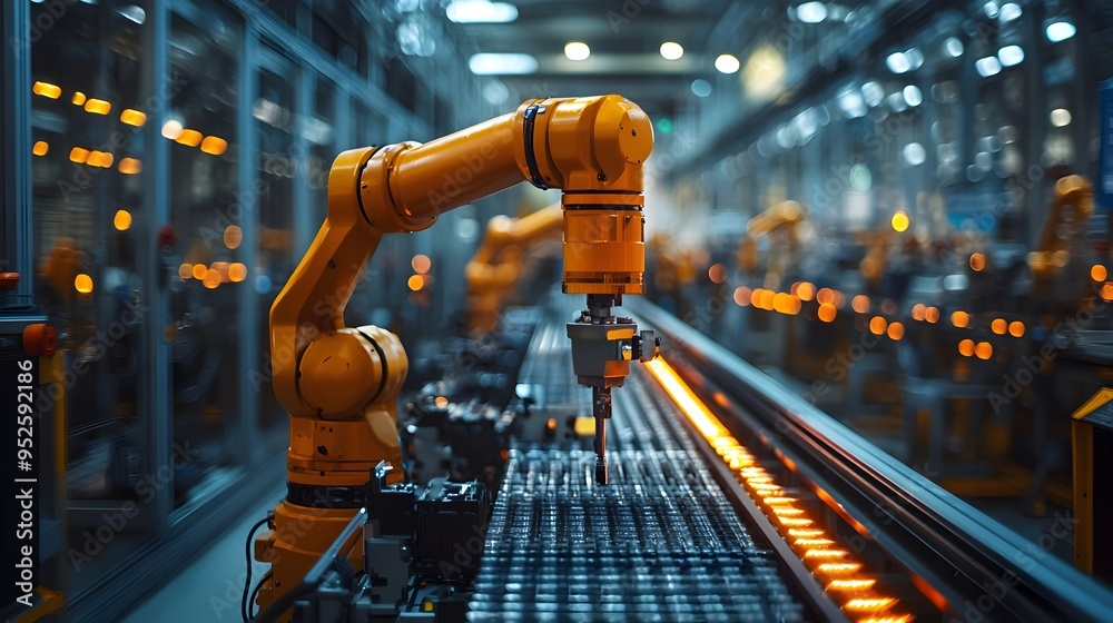 Industrial Robot Arm on Assembly Line with Conveyor Belt Industrial Robot Arm on Assembly Line with Conveyor Belt