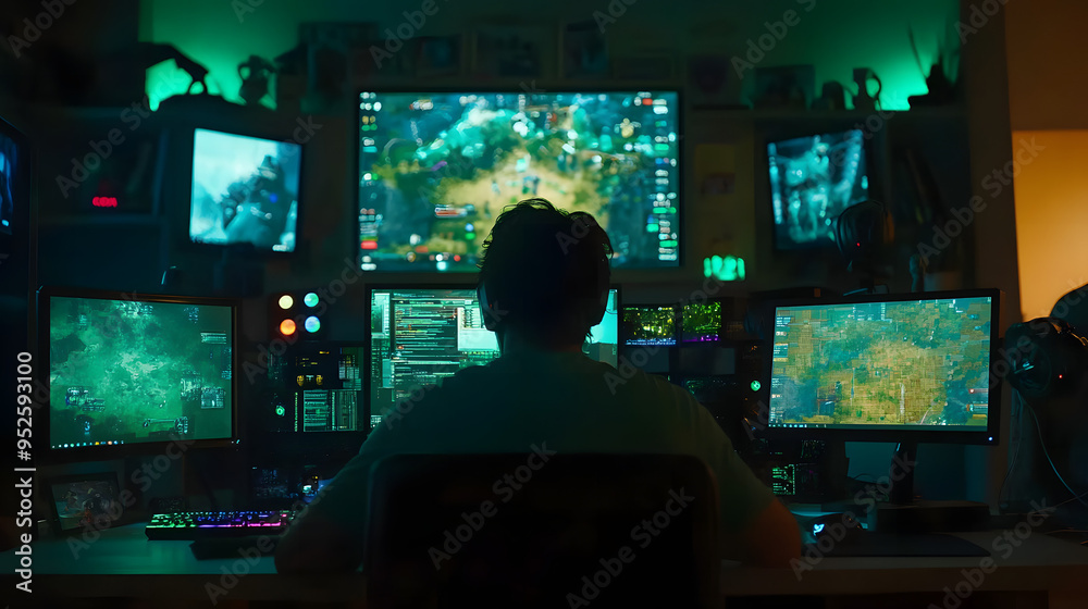 Gamer in dimly lit room intensely focused on high-tech console, surrounded by multiple screens and gaming memorabilia, immersed in vibrant gaming environment Gamer in dimly lit room intensely focused on high-tech console, surrounded by multiple screens and gaming memorabilia, immersed in vibrant gaming environment