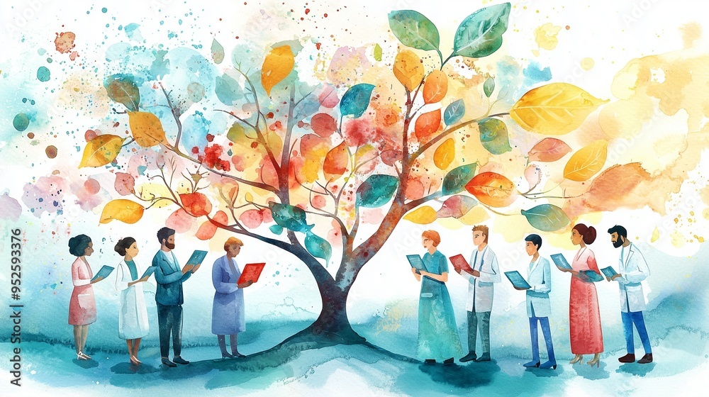 People reading books under a colorful tree symbolizing knowledge, growth, and community. People reading books under a colorful tree symbolizing knowledge, growth, and community.
