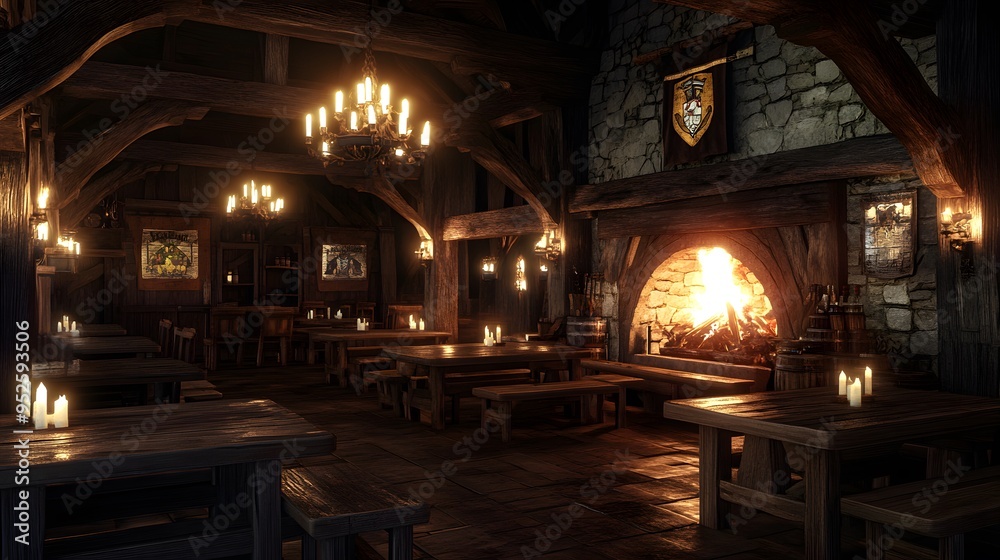 Warm medieval tavern with candle-lit wooden tables and a roaring fireplace Cozy with rich wood tones and soft flickering light realistic 3D rendering Warm medieval tavern with candle-lit wooden tables and a roaring fireplace Cozy with rich wood tones and soft flickering light realistic 3D rendering
