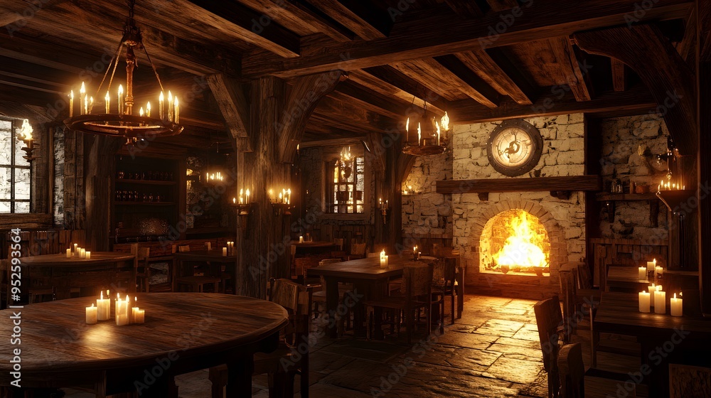 Warm medieval tavern with candle-lit wooden tables and a roaring fireplace Cozy with rich wood tones and soft flickering light realistic 3D rendering Warm medieval tavern with candle-lit wooden tables and a roaring fireplace Cozy with rich wood tones and soft flickering light realistic 3D rendering