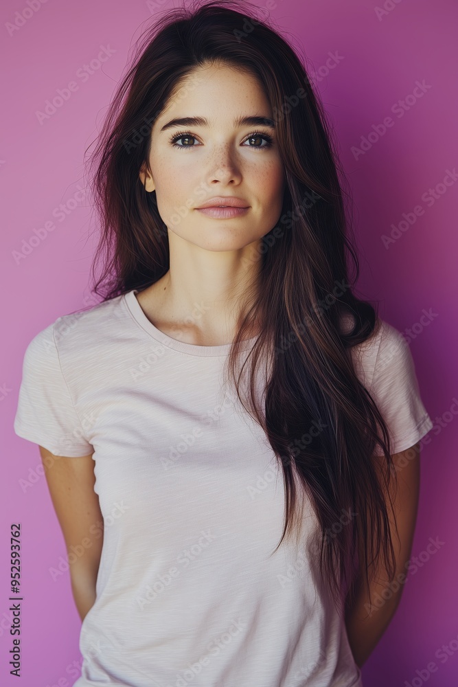 Fototapeta premium Portrait of a beautiful young woman with long brown hair wearing a plain white t-shirt, studio lighting a purple background