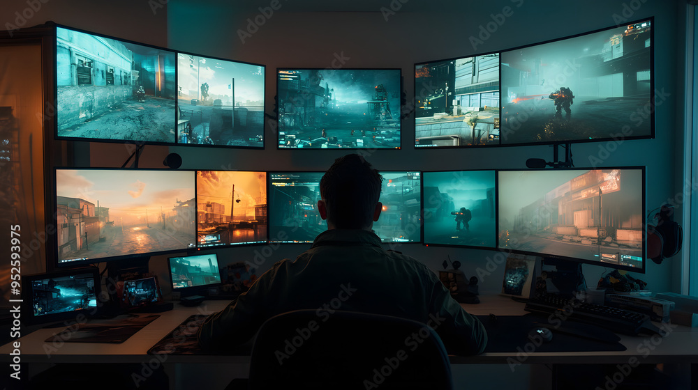 Gamer in dimly lit room intensely focused on high-tech console, surrounded by multiple screens and gaming memorabilia, immersed in vibrant gaming environment Gamer in dimly lit room intensely focused on high-tech console, surrounded by multiple screens and gaming memorabilia, immersed in vibrant gaming environment