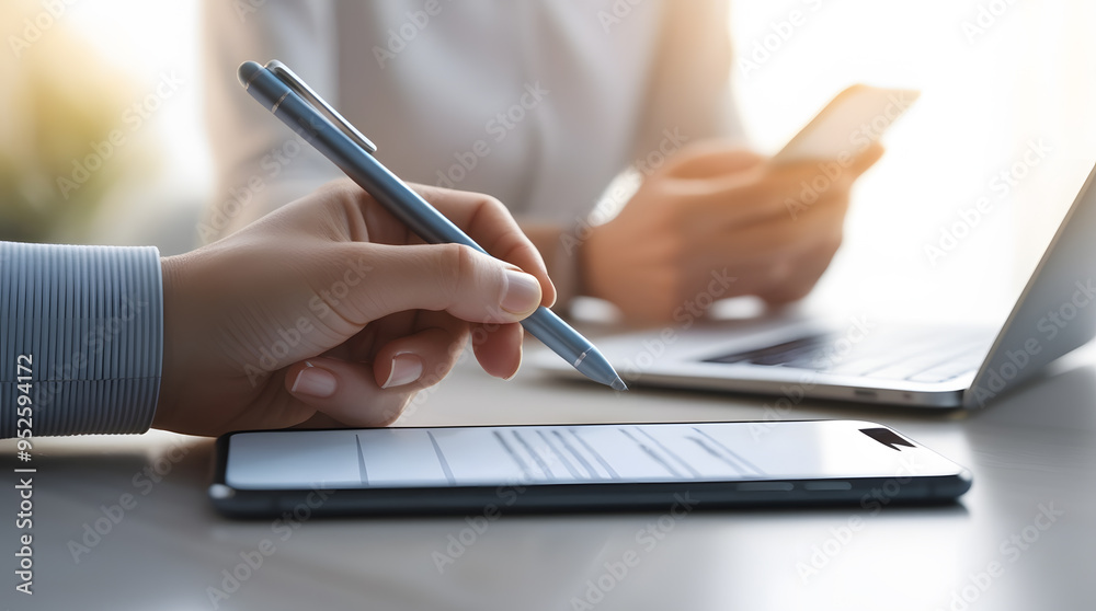 Young man uses a smartphone to sign a business contract online, Oline business contract, Electronic signature, Digital contract documents, Business contract signing Young man uses a smartphone to sign a business contract online, Oline business contract, Electronic signature, Digital contract documents, Business contract signing