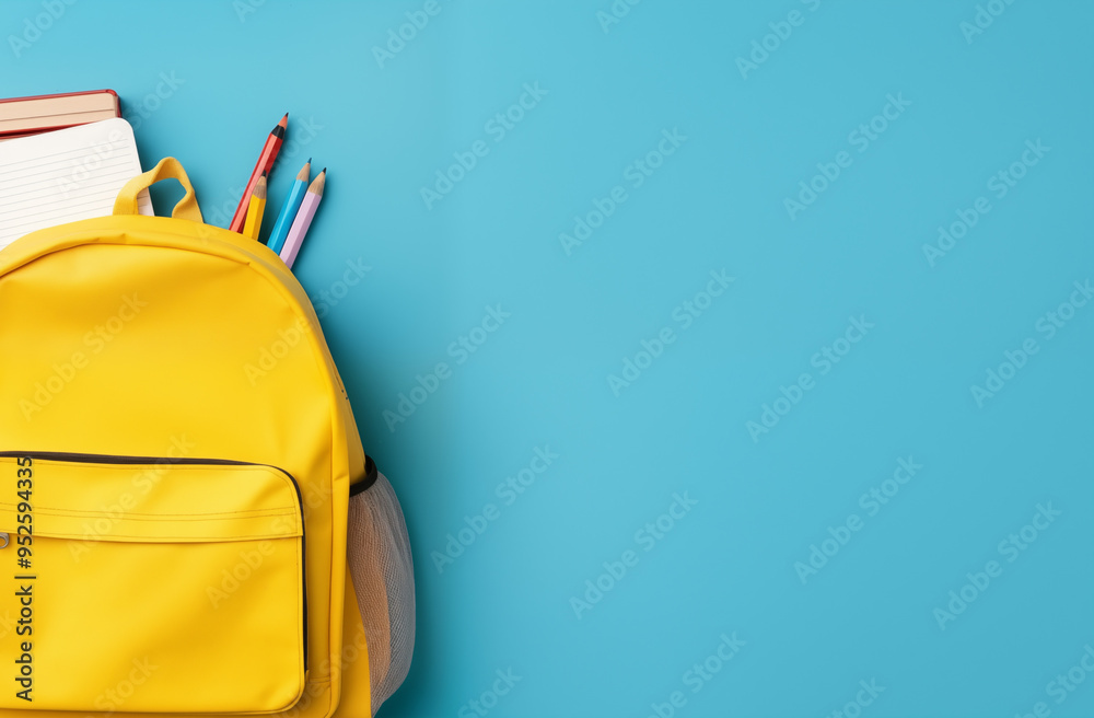 Sac à dos, cartable de classe avec fourniture sur un fond bleu. Espace vide de composition. Rentrée scolaire, études, étudiants. Lycée, collège, primaire. Pour conception et création graphique.