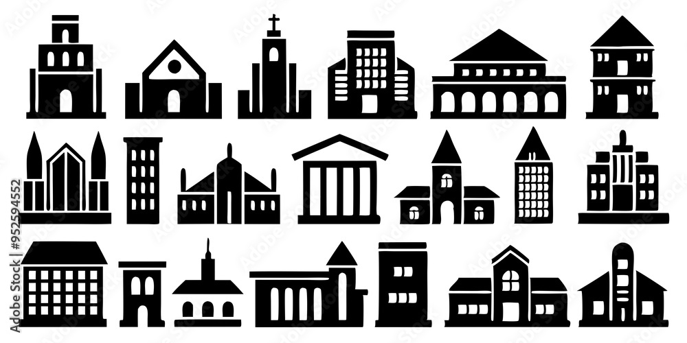Buildings icons on white background Buildings icons on white background