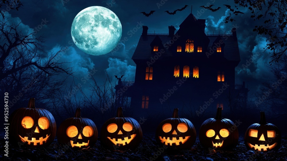 A spooky scene with a row of jack-o'-lanterns flickering in the foreground as a full moon rises over a haunted house silhouetted against the night sky A spooky scene with a row of jack-o'-lanterns flickering in the foreground as a full moon rises over a haunted house silhouetted against the night sky