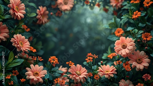 A heart-shaped frame of pink and orange flowers with green leaves.