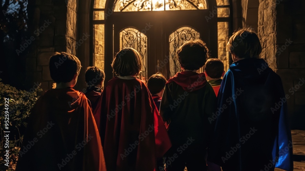Naklejka premium A group of kids dressed as superheroes gather at a haunted house entrance as the sound of creaking doors and eerie music fills the air