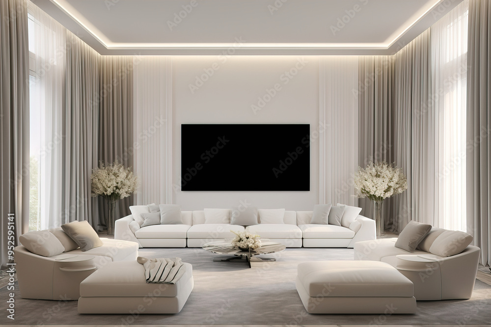 Fototapeta premium Modern Living Room Interior Design with White Sofa and Large Windows