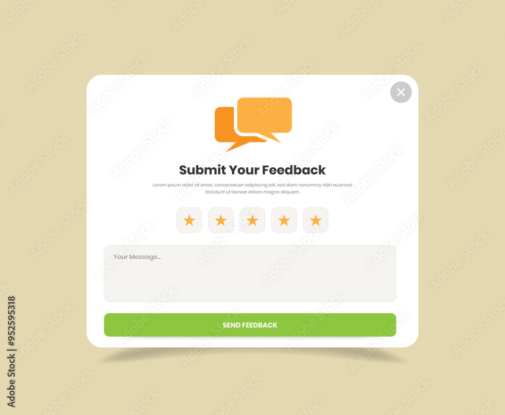 Minimalist user feedback collection ui popup kit design with text box and star rating