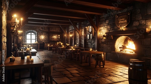 Inviting candle-lit tavern in a medieval setting with wooden tables and a roaring fireplace Warm ambiance with rich wood tones soft flickering light detailed 3D rendering