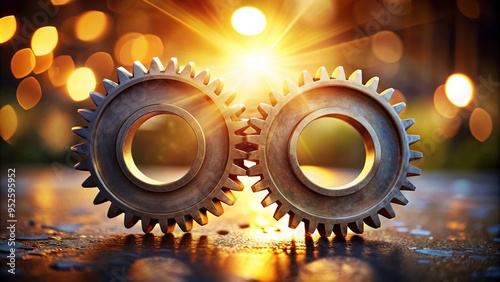 Two identical gears interconnected, symbolizing a strong, harmonious partnership, with a soft focus background and warm lighting, conveying trust and mutual support.