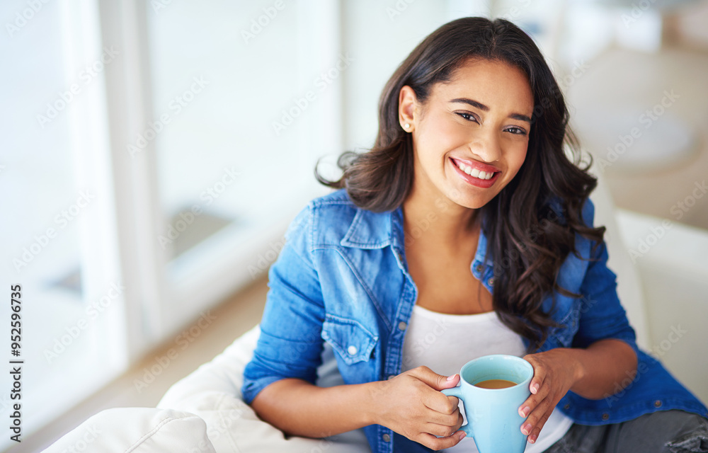 Woman, portrait and smile with tea on sofa in living room for relax with weekend in home. Happy, apartment and drink with coffee mug or hot cocoa in morning with warm cup, couch and positive Woman, portrait and smile with tea on sofa in living room for relax with weekend in home. Happy, apartment and drink with coffee mug or hot cocoa in morning with warm cup, couch and positive