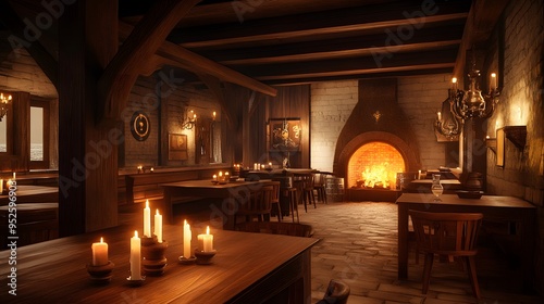 Candle-lit medieval tavern with wooden tables and a roaring fireplace Cozy and warm with rich wood tones and soft flickering light detailed 3D rendering