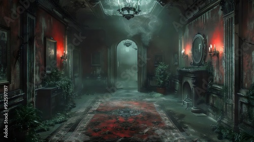 A dark hallway with a red carpet and a fireplace