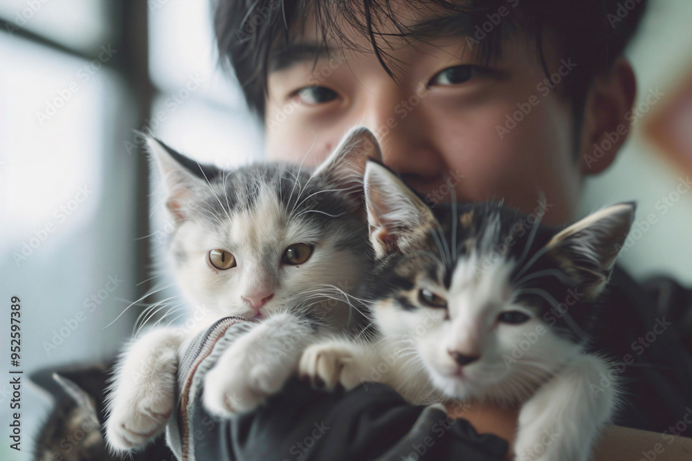 a man holding two kittens in his arms a man holding two kittens in his arms