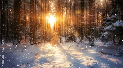 forest in winter with the sun in the background