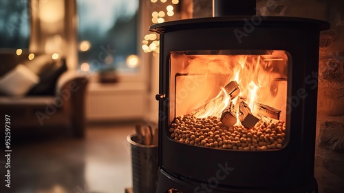 A stove with burning wood pellets emits a comforting glow, with flickering flames symbolizing warmth, sustainability, and the rustic charm of eco-friendly living. photo