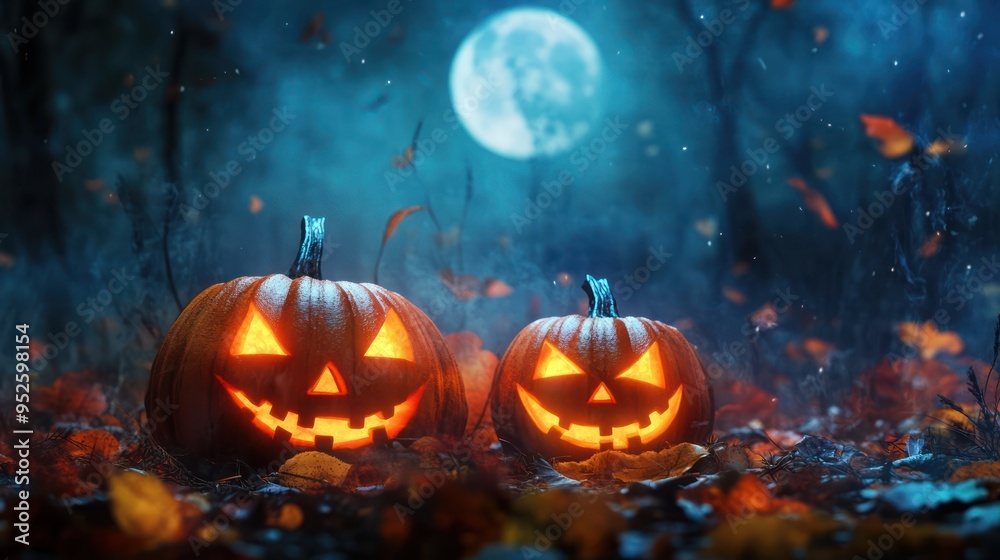 Two Glowing Jack-o'-Lanterns in a Mystical Forest Under a Full Moon Two Glowing Jack-o'-Lanterns in a Mystical Forest Under a Full Moon