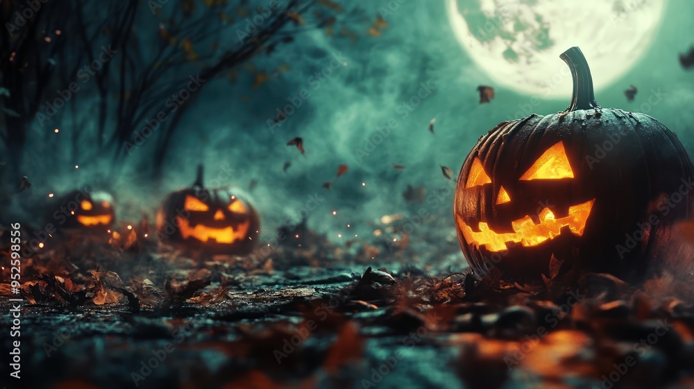 Naklejka premium Illuminated Jack-o'-Lantern in a Foggy Halloween Forest