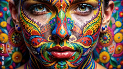 Vibrant, intricate designs and colorful patterns adorn a person's nose, showcasing creative expressions of self-identity and individuality through innovative and playful forms of body art. photo