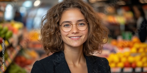 Wallpaper Mural A cheerful woman with curly hair and glasses warmly greets shoppers among vibrant fruits and veggies Torontodigital.ca