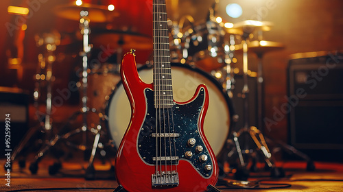 Red Bass Guitar on Drum Background in Musical Band Setting