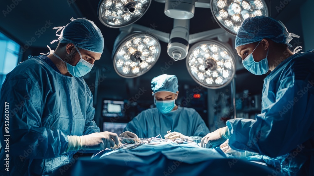 Surgeons Performing Critical Operation Under Intense Lighting Beaming. Surgery Doctors Operate Patient Hospital. Surgeons Performing Critical Operation Under Intense Lighting Beaming. Surgery Doctors Operate Patient Hospital.