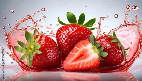 Firefly Fresh ripe strawberry, slices cut and strawberry juice splash wave photo