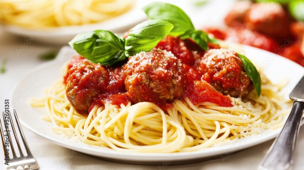 Spaghetti and Meatballs Feast: A mouthwatering close-up of a classic Italian dish, spaghetti with meatballs in rich tomato sauce, garnished with fresh basil and Parmesan cheese. Spaghetti and Meatballs Feast: A mouthwatering close-up of a classic Italian dish, spaghetti with meatballs in rich tomato sauce, garnished with fresh basil and Parmesan cheese.