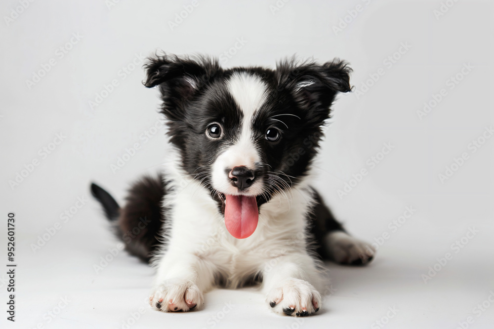 a black and white puppy laying down with its tongue out a black and white puppy laying down with its tongue out