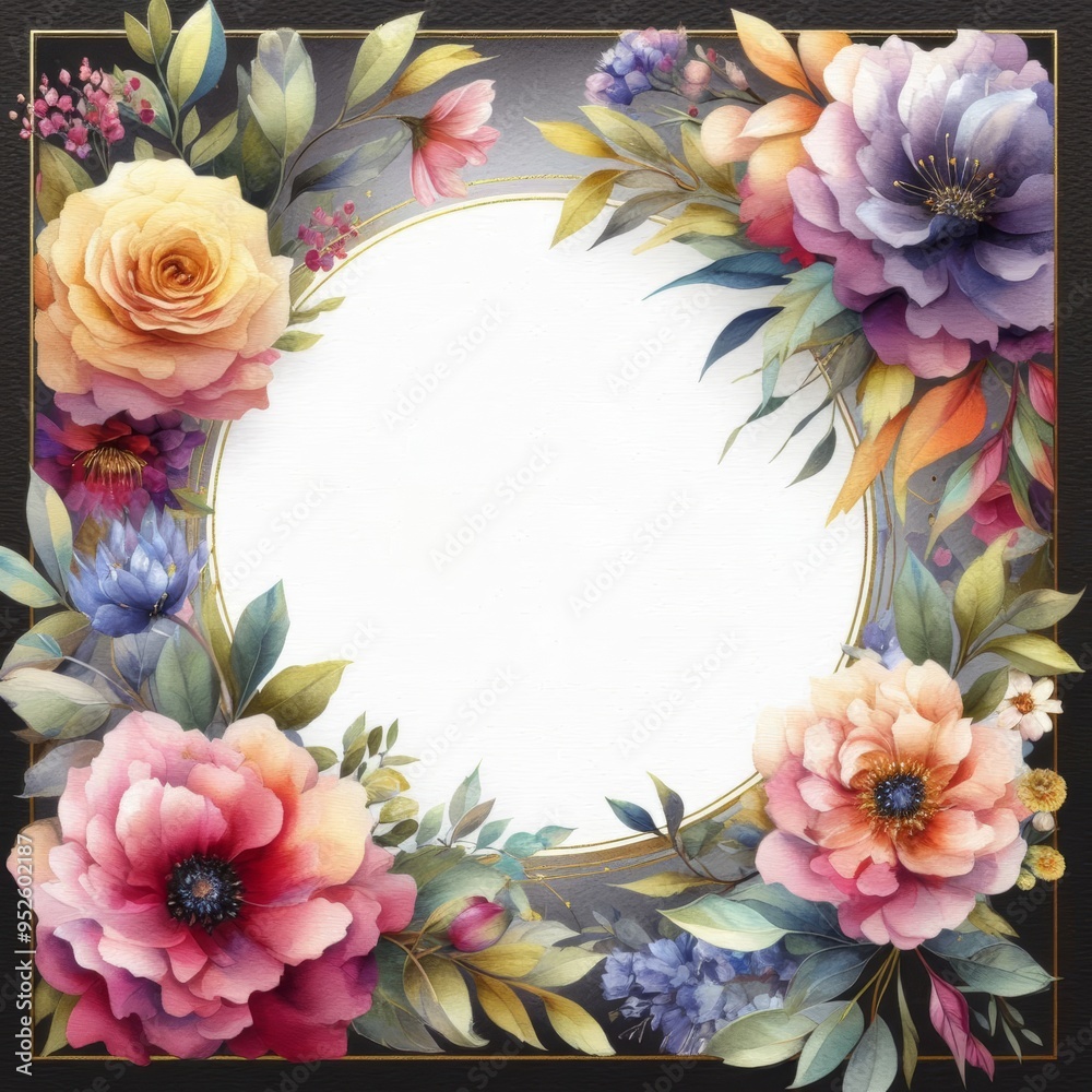 A vibrant arrangement of colorful flowers in a circular frame, perfect for invitations. A vibrant arrangement of colorful flowers in a circular frame, perfect for invitations.