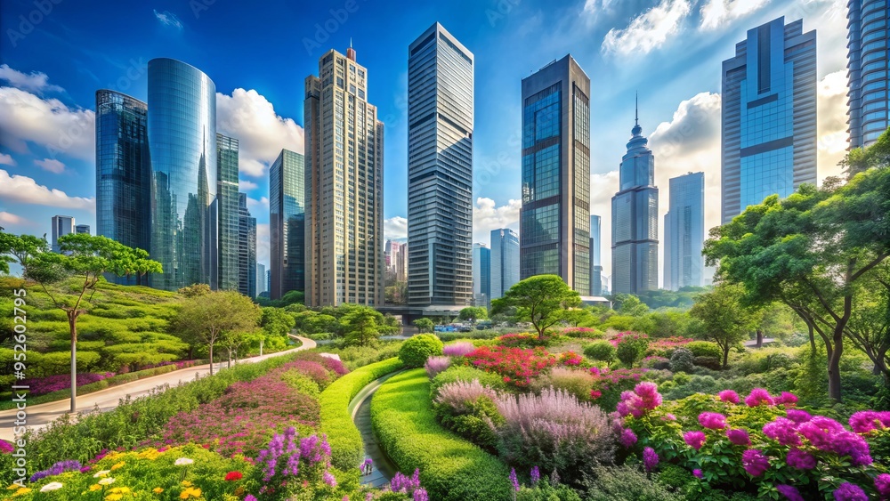 Fototapeta premium Vibrant cityscape with lush greenery, modern skyscrapers, and blooming flowers intertwining harmoniously, showcasing urban renewal and eco-friendly architecture in a thriving metropolitan area.
