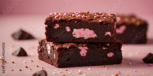 Delicious chocolate brownies with pink chocolate sprinkles on a pink background. photo