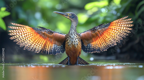 Sunbittern Displaying Colorful Patterned Wings in Shallow Stream, Pantanal Wildlife Scene
 photo